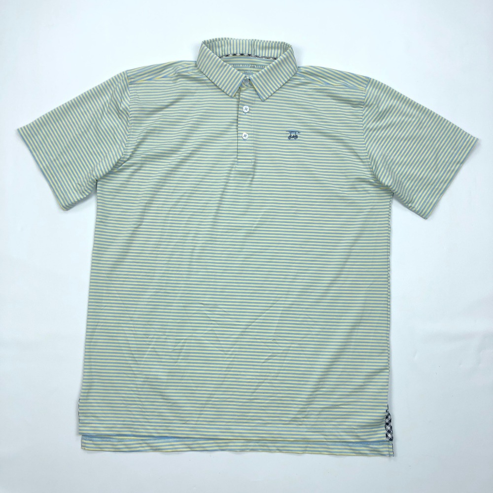 Bald Head Blues Mens Large Yellow Blue Striped Performance Golf Polo Shirt L